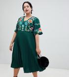 Asos Design Curve Pleated Embroidered Midi Dress-green