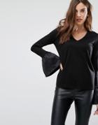 Warehouse Satin Ruffle Cuff V Neck Top - Black
