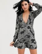 Asos Design Long Sleeve Glitter Floral Plunge Bodycon Dress With Pep Hem