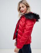 New Look Chevron Padded Jacket With Faux Fur Trim - Red
