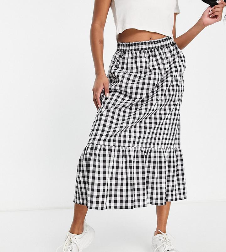 Asos Design Petite Tiered Midi Skirt With Pockets In Gingham-multi