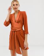 Asos Design Mini Tux Dress With Self Tie Belt - Brown