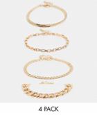 Asos Design Pack Of 4 Bracelets In Essential Curb And Herringbone Chains In Gold Tone