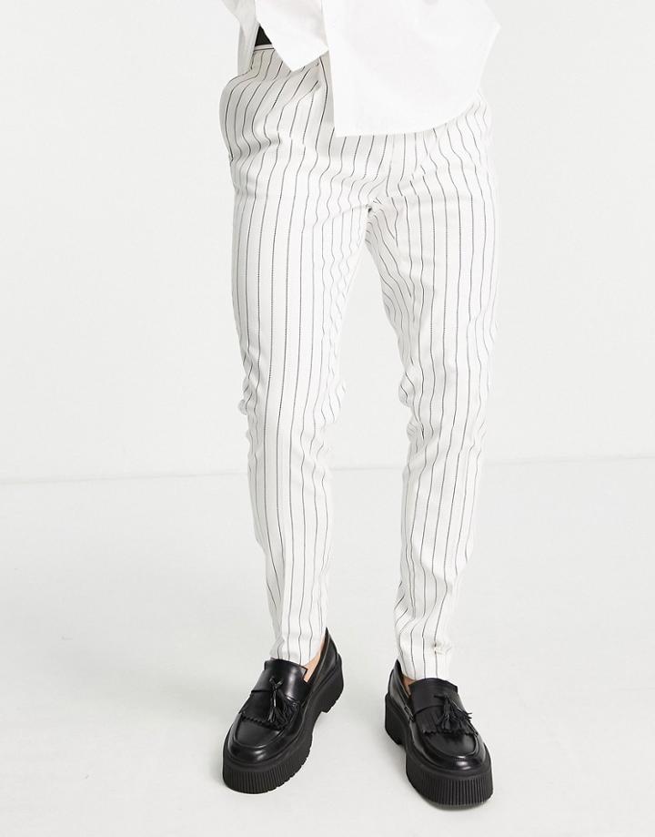 Asos Design Linen Mix Skinny Smart Pants With Pin Stripe In Ecru-white