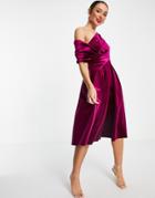 Asos Design Velvet Bare Shoulder Prom Midi Dress In Berry-red
