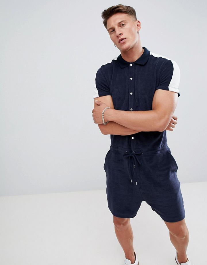 Asos Design Towelling Short Jumpsuit With Side Stripe In Navy - Navy