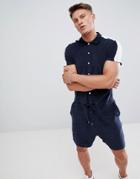 Asos Design Towelling Short Jumpsuit With Side Stripe In Navy - Navy