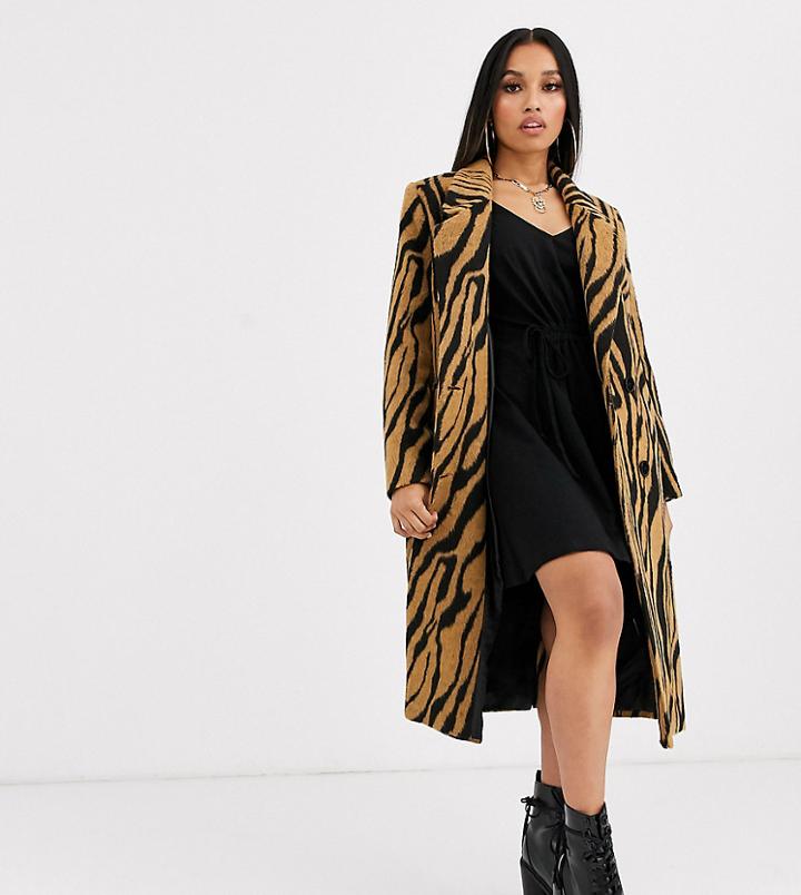 Asos Design Petite Brushed Animal Double Breasted Coat-multi