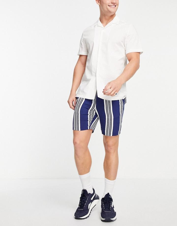 Asos Design Lightweight Slim Shorts In Navy Stripe