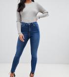 Asos Design Petite Ridley High Waist Skinny Jeans In Dark Stone Wash With Raw Hem Detail - Blue