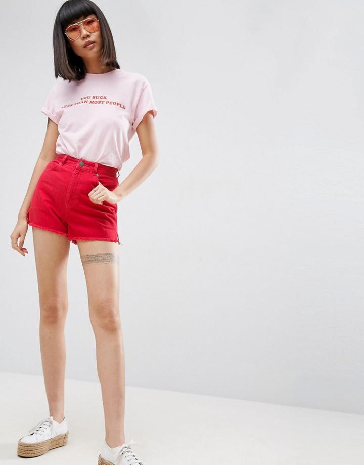Asos Denim Side Split Shorts In Red - Red