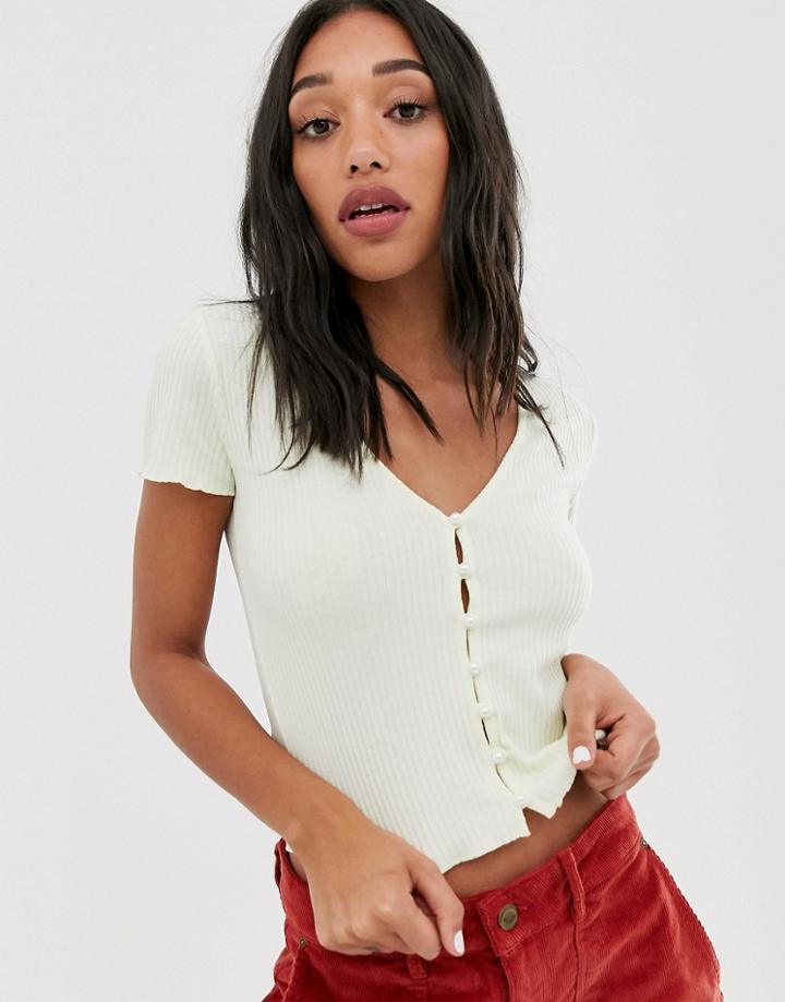 Bershka Button Front V Neck T-shirt In Yellow-white