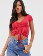 Allsaints Rina Ribbed T-shirt With Ruched Front-red