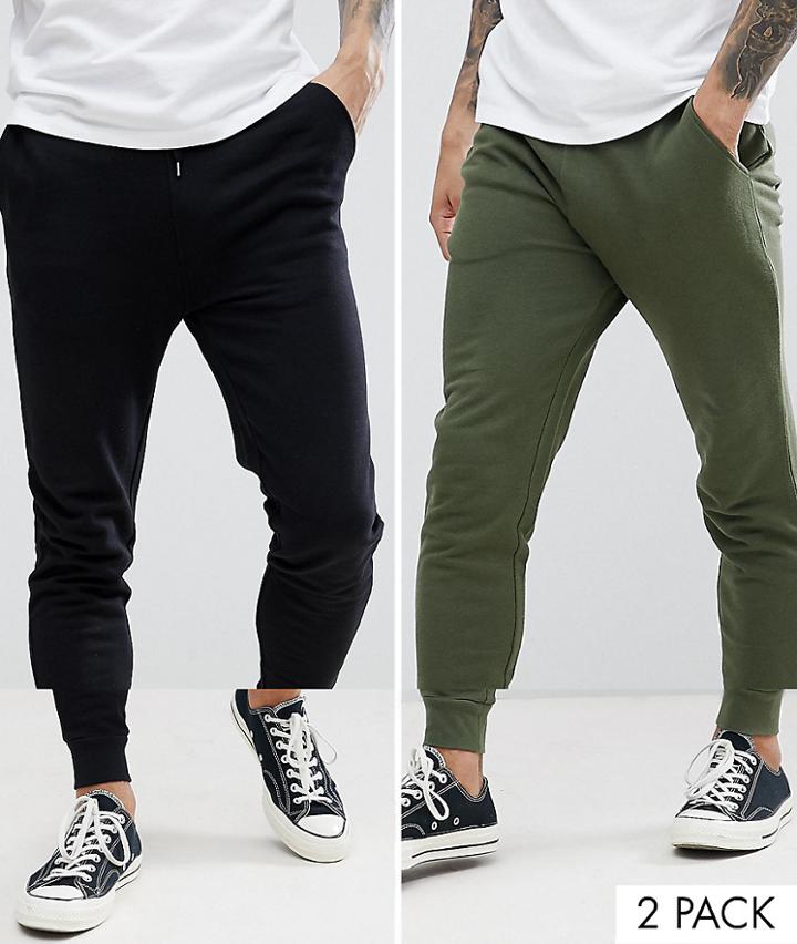 Asos Design Skinny Joggers 2 Pack Black/dark Green - Multi