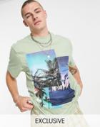 Reclaimed Vintage Inspired Organic Cotton T-shirt With Photographic Palm Tree Print-grey