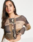 Daisy Street Cropped Cardigan In Folk Print Mesh With Lettuce Hem - Part Of A Set-multi