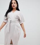 Asos Design Curve Wrap Skirt Midi Dresss With D Ring Belt - Silver