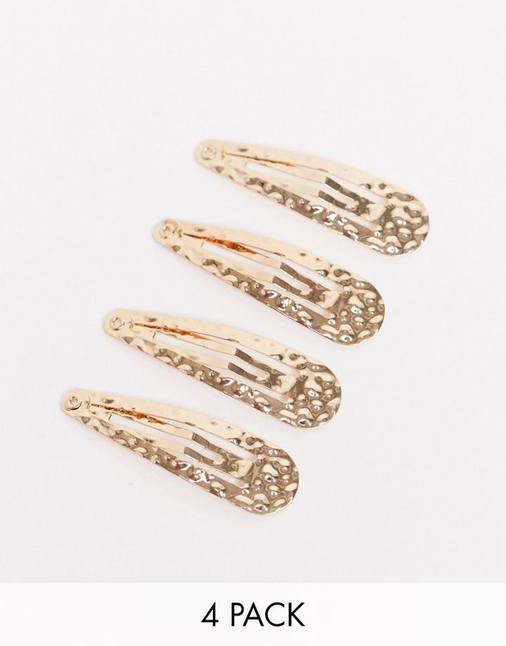 Asos Design Pack Of 4 Snap Hair Clips In Hammered Texture In Gold Tone