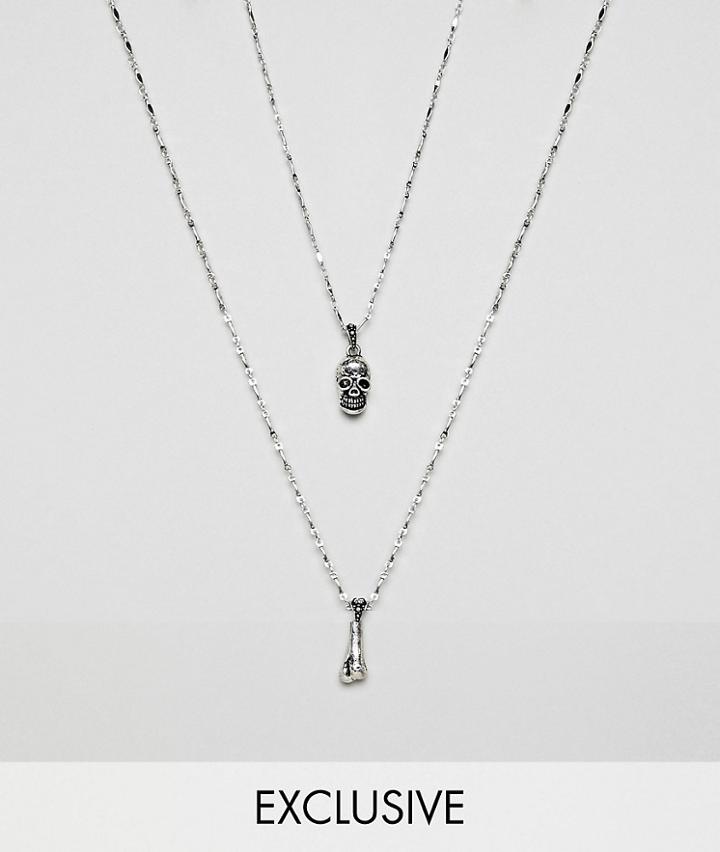 Reclaimed Vintage Inspired Skull & Bone Necklace In 2 Pack Exclusive To Asos - Silver