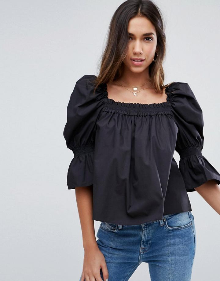 Asos Cotton Top With Square Neck And Sleeve Drama - Black