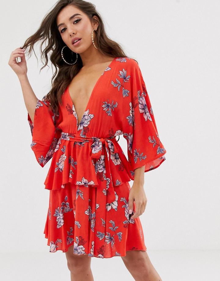 Prettylittlething Tiered Mini Dress With Plunge Neck And Kimono Sleeve In Red Floral - Red