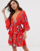 Prettylittlething Tiered Mini Dress With Plunge Neck And Kimono Sleeve In Red Floral - Red