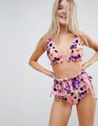 Asos Design Recycled Florence Floral Print Frill Triangle Bikini Top-multi