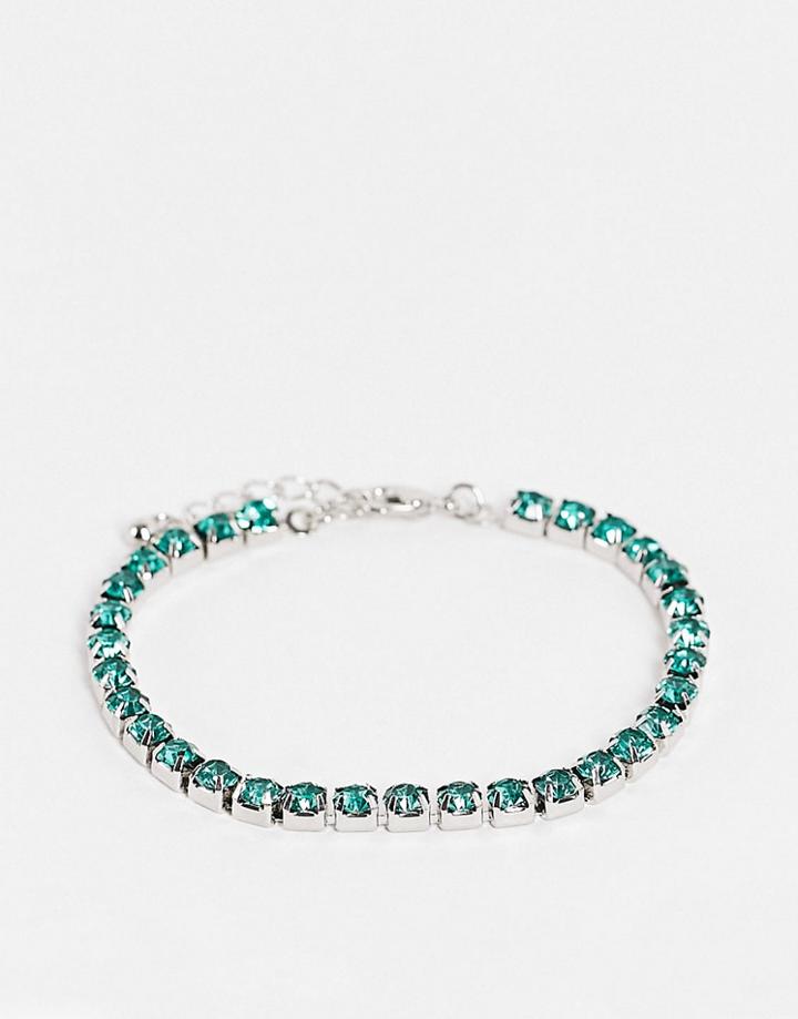 Asos Design Slim Tennis Bracelet With Green Crystals