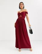 Asos Design Fuller Bust Lace And Pleat Bardot Maxi Dress-red
