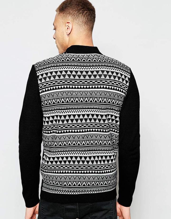Asos Knitted Bomber With Contrast Geo-tribal Back - Black
