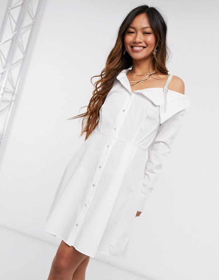 River Island Diamante One Shoulder Mini Shirt Dress In White