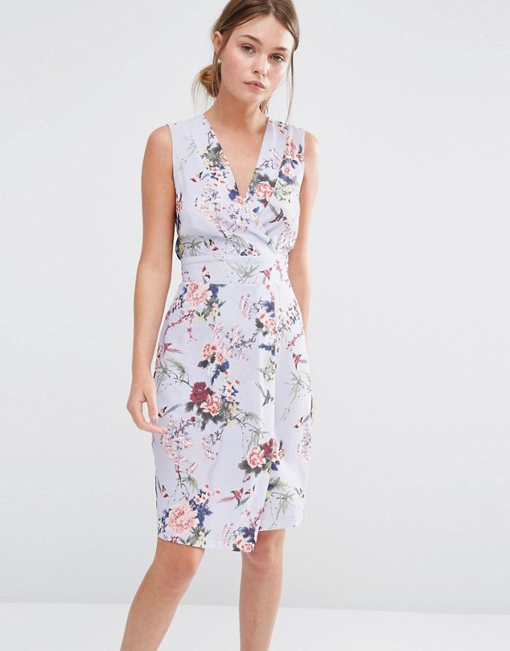 Closet Wrap Front Midi Dress In Floral - Blue Floral