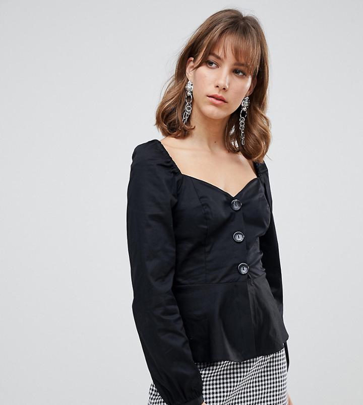 River Island Button Through Blouse With Sweetheart Neckline In Black - Black