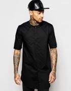 Asos Collarless Shirt In Super Longline With Half Sleeve - Black