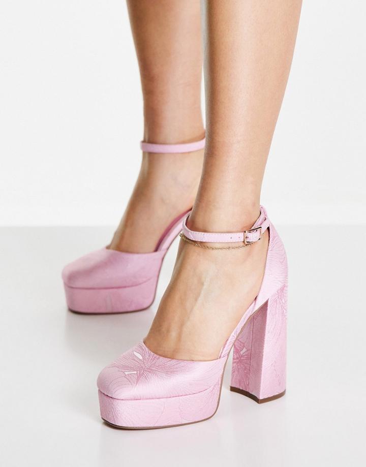 Asos Design Priority Platform High Heeled Shoes In Pink Jaquard