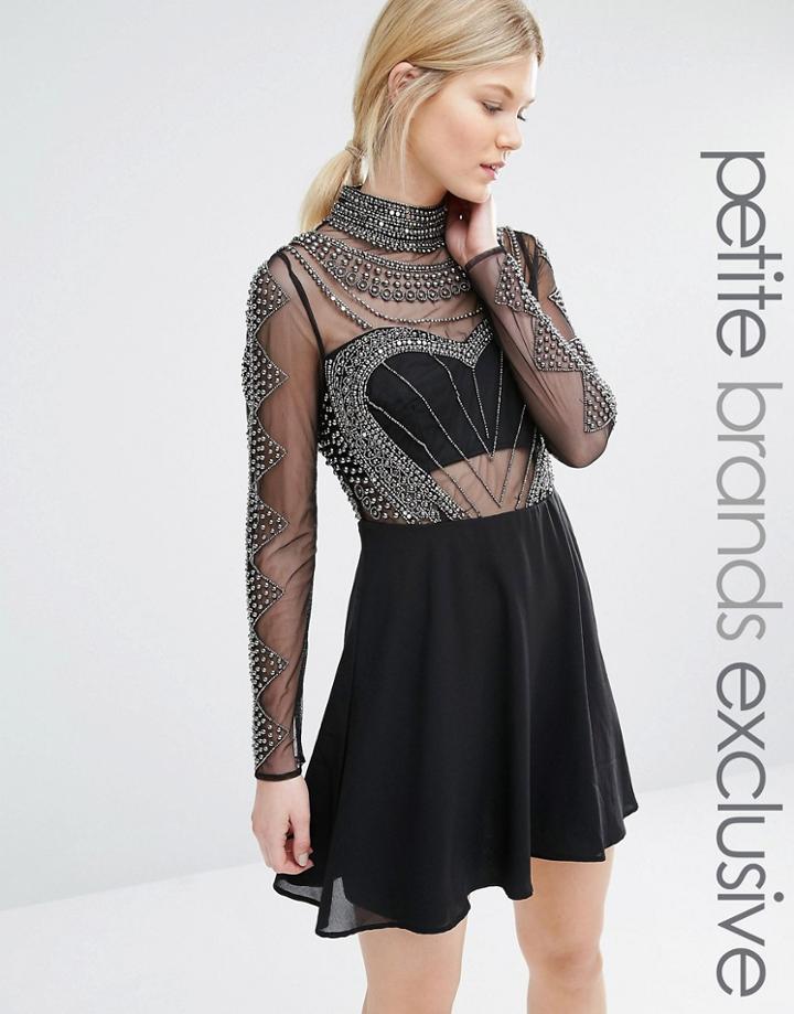 Maya Petite Long Sleeve High Neck Mini Dress With Embellished Bodice And Sleeves - Black