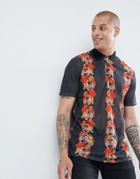 Asos Design Relaxed Polo In Linen Look With All Over Floral Print - Black