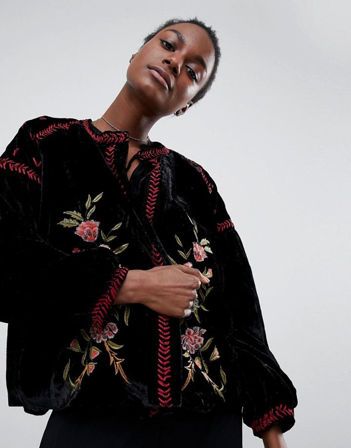 Raga Rosie Posie Velour Embroidered Jacket - Black
