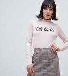 River Island Slogan Sweater With Ruffle Neck In Pink - Pink