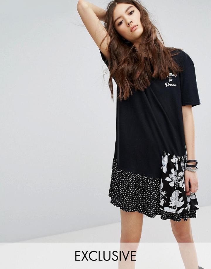 Reclaimed Vintage Inspired T-shirt Dress With Contrast Ruffle And Front Print - Black