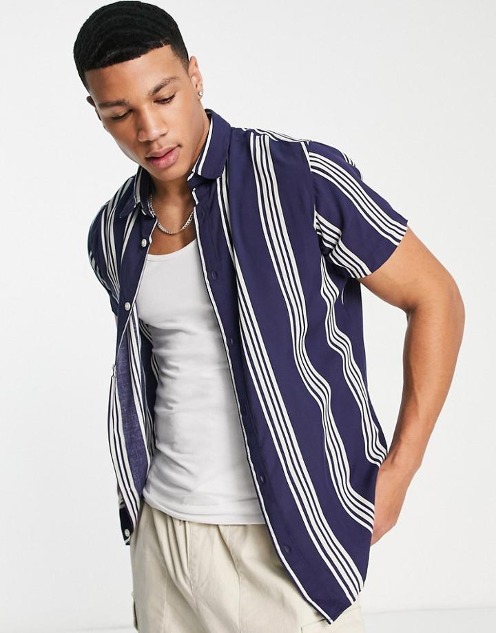 Selected Homme Shorts Sleeve Shirt In Navy, White & Beige Vertical Stripe-blue