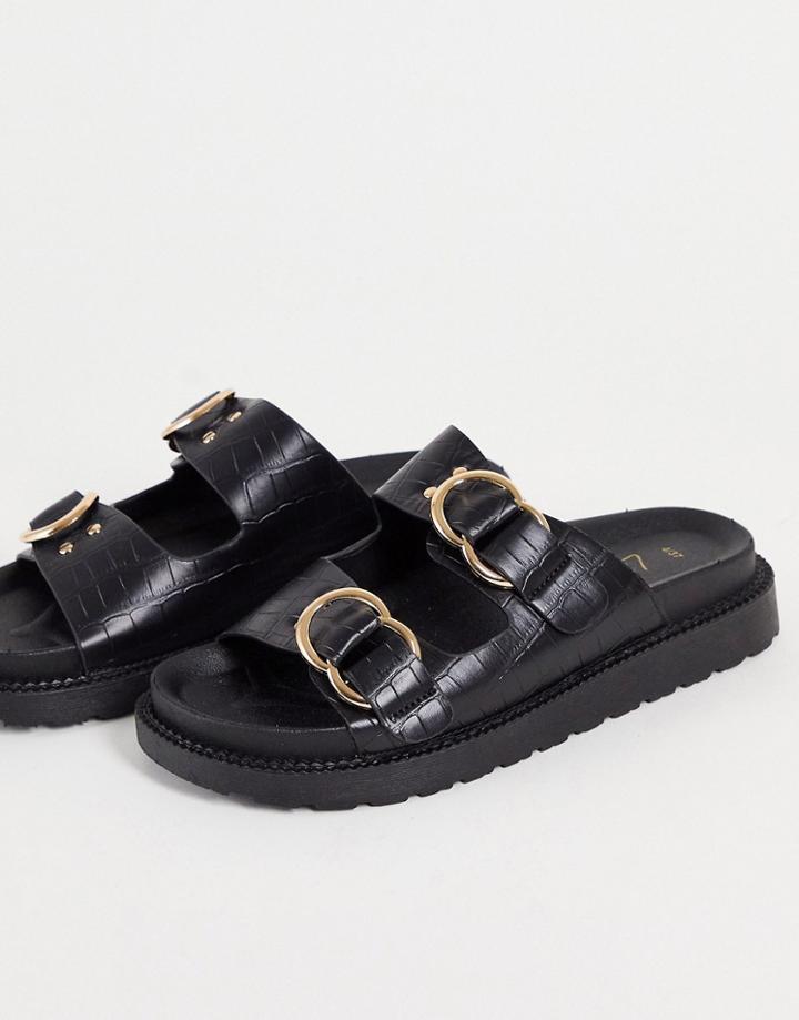 New Look Double Buckle Slides In Black Croc