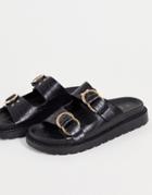 New Look Double Buckle Slides In Black Croc