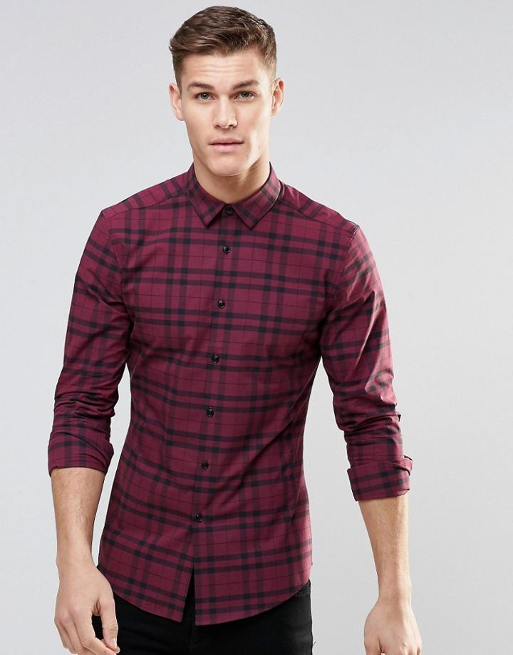 Asos Skinny Shirt In Burgundy Check With Long Sleeves - Burgundy