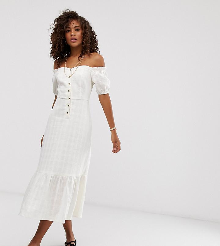 Asos Design Tall Button Through Off Shoulder Midi Dress In Texture - White