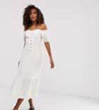 Asos Design Tall Button Through Off Shoulder Midi Dress In Texture - White