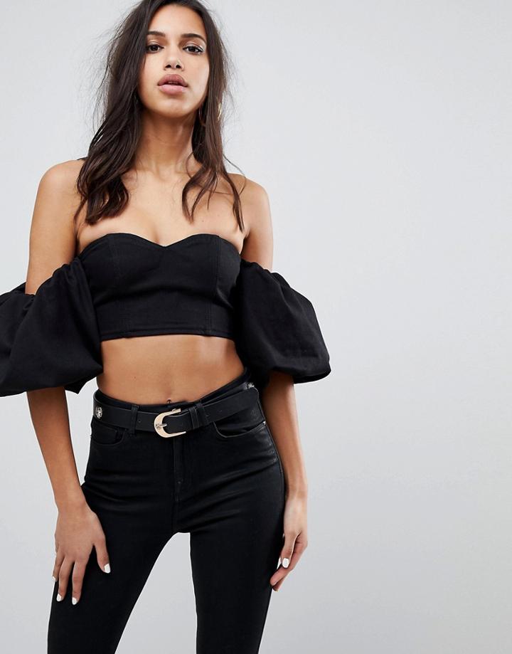 Asos Denim Top With Zip Back And Balloon Sleeve - Black