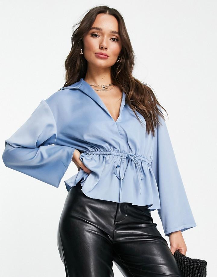 River Island Satin Tie Waist Kimono Blouse In Blue