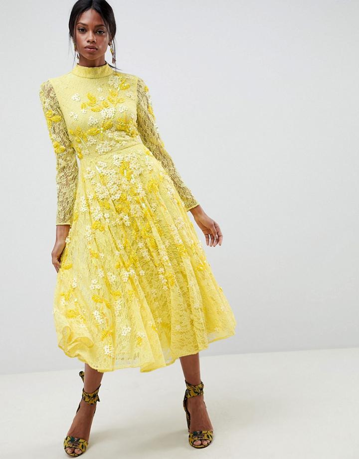 Asos Edition All Over Lace Embellished Midi Dress - Yellow
