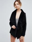John & Jenn Sienna Faux Shearling Drape Cardigan With Ribbed Sleeves - Black